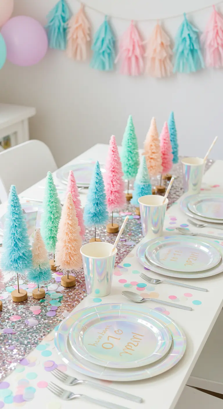 A whimsical party table with a pastel bottlebrush tree centerpiece and iridescent plates.