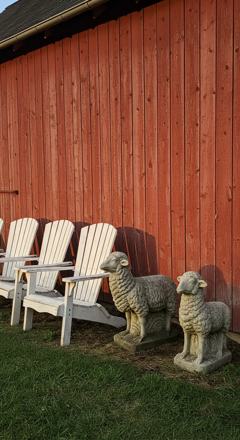 Two stone sheep statues stand on the grass in front of white Adirondack chairs and a red barn.