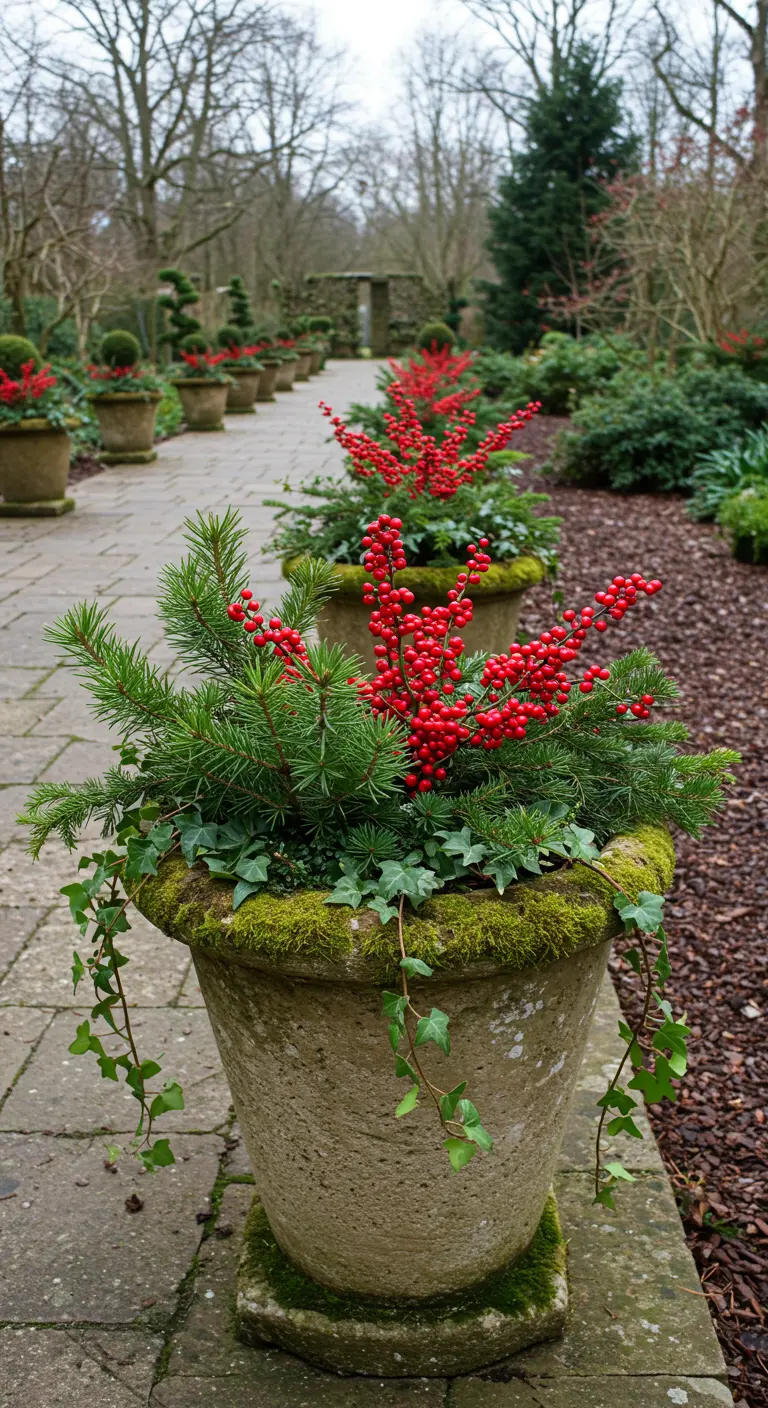 A row of mossy stone pots with red berries and ivy along a garden path.