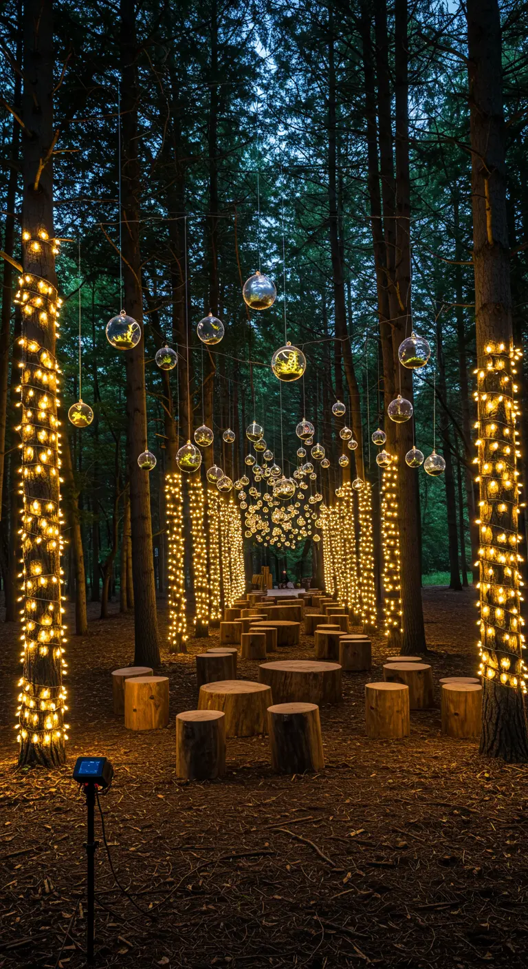 A magical forest path lit by string lights on trees and hanging glass orbs.