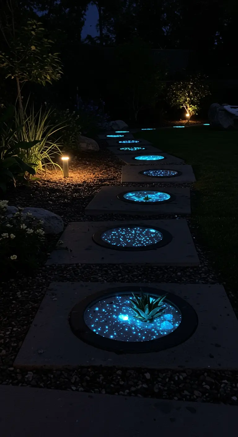 A garden path at night with stepping stones that have glowing blue, star-like centers.