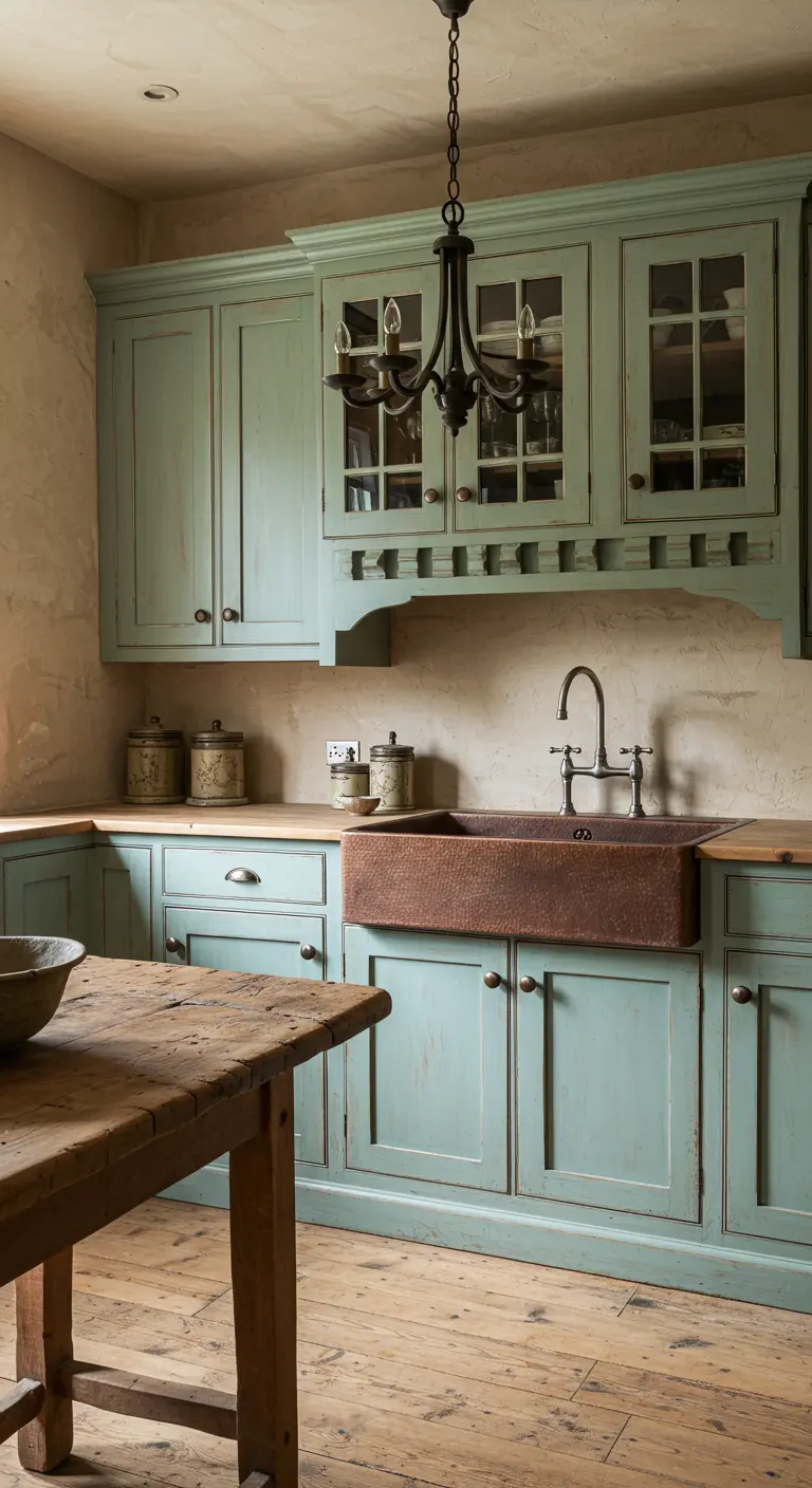 A Country French kitchen with distressed teal cabinets, a copper sink, and a rustic wood table.