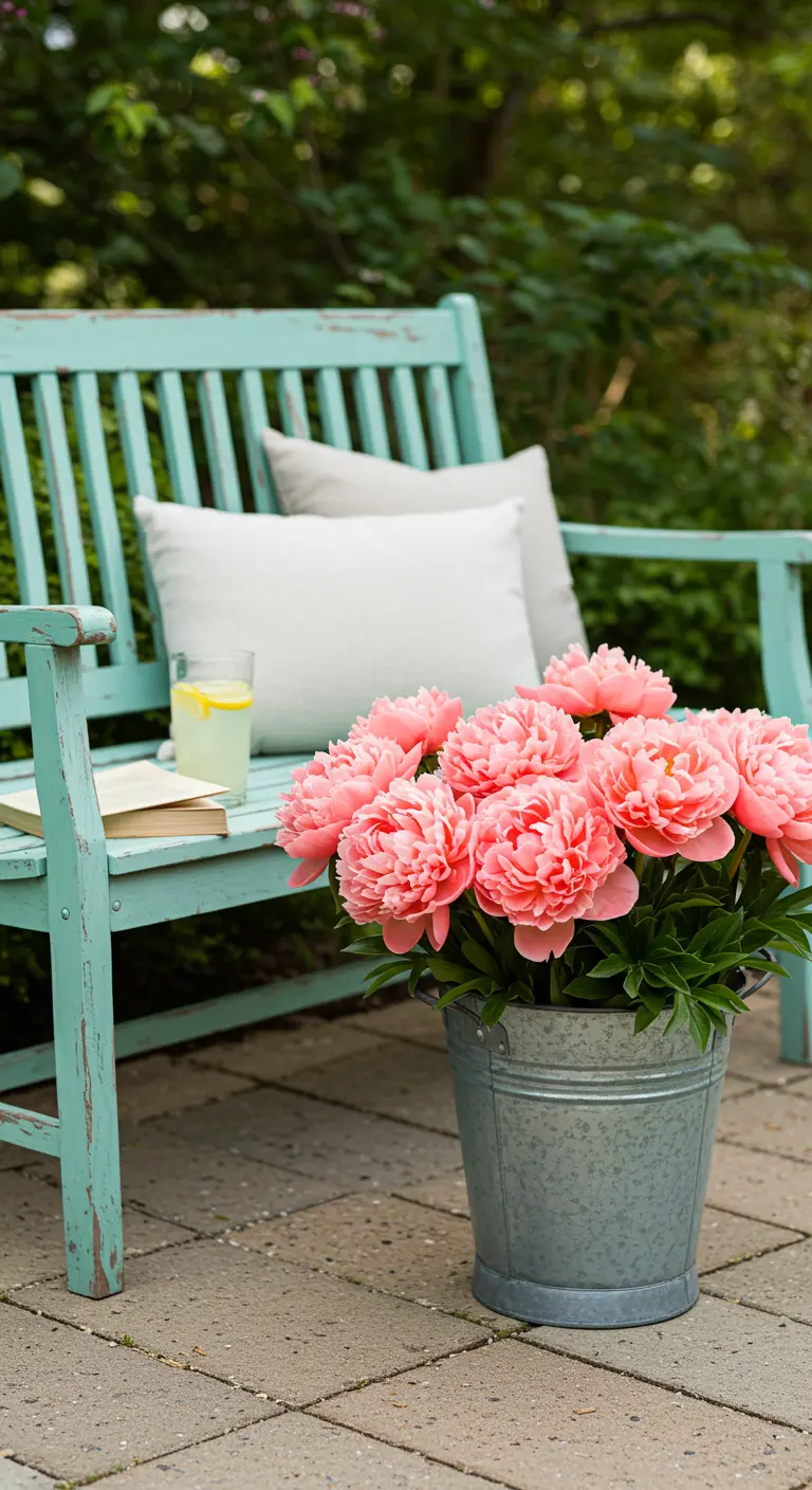 Aqua bench on a stone patio with pillows, a book, and coral peonies in a bucket.