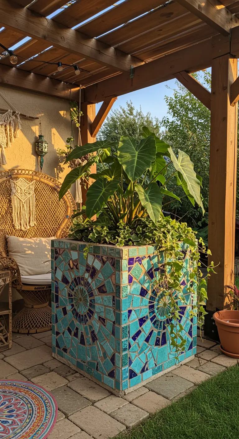 A large square concrete planter with a blue and turquoise radial tile mosaic under a pergola.