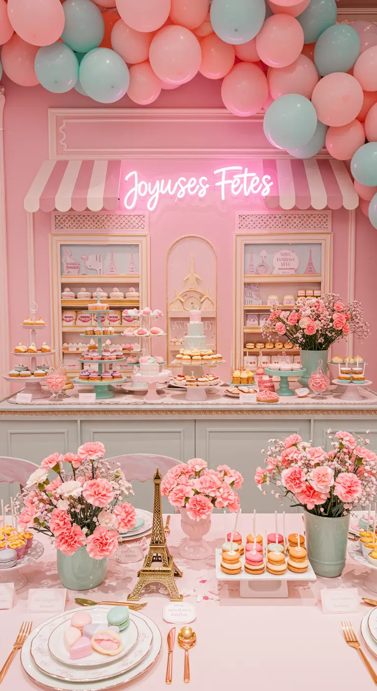 A pink and mint green Parisian patisserie-themed party with a balloon arch and sweets