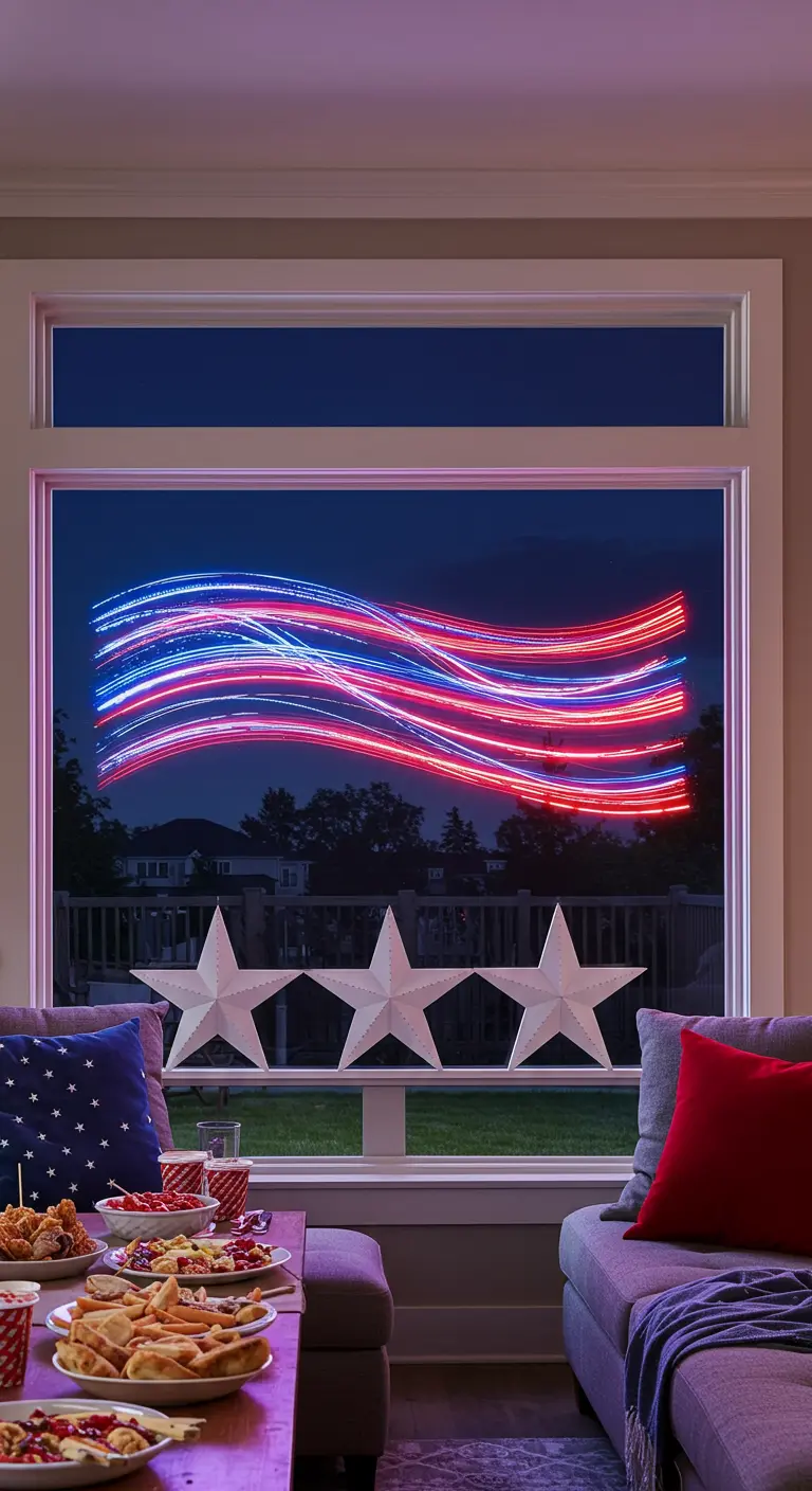 An LED light display in a window shows a waving American flag in red, white, and blue streaks.