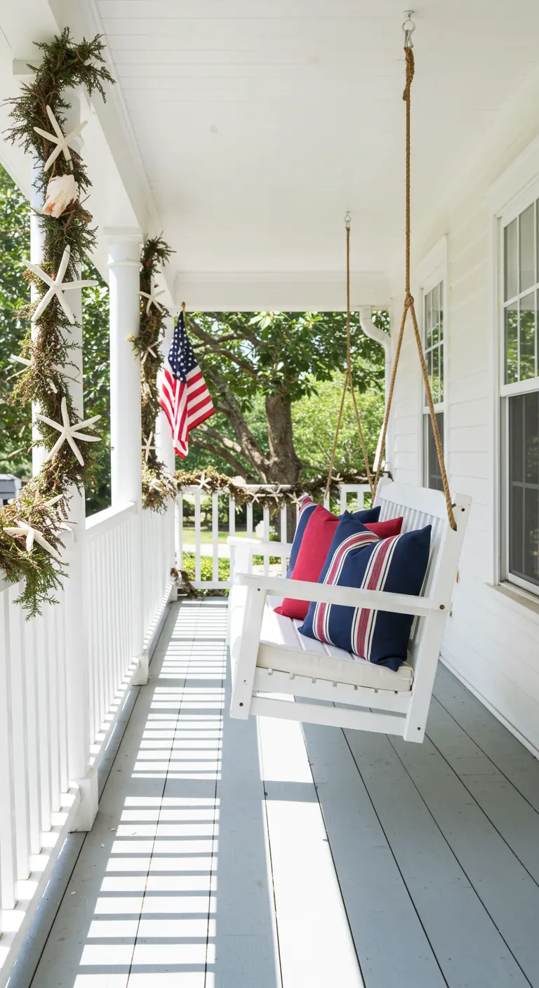 A white porch swing with red and blue pillows, next to a railing decorated with a starfish garland.
