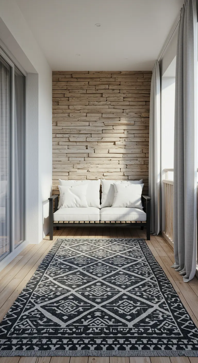 A balcony with a driftwood accent wall, a simple white sofa, and a bold black-and-white rug.