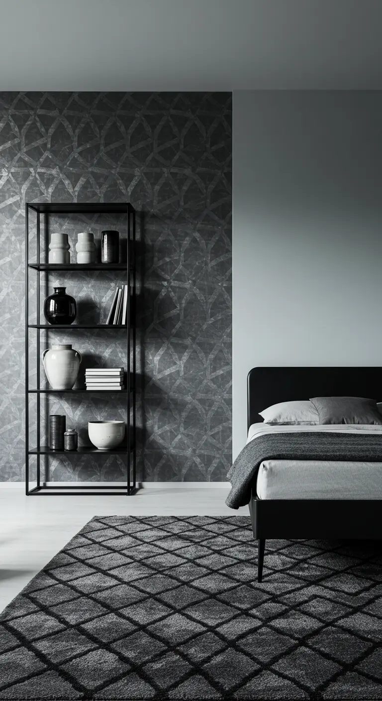 Gray bedroom with a geometric wallpaper accent wall, a black metal bookshelf, and a diamond-patterned rug.