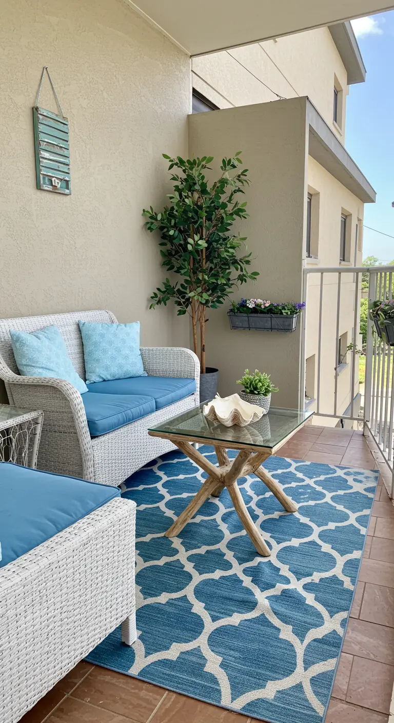 White wicker loveseat and chair with blue cushions on a geometric blue and white outdoor rug.