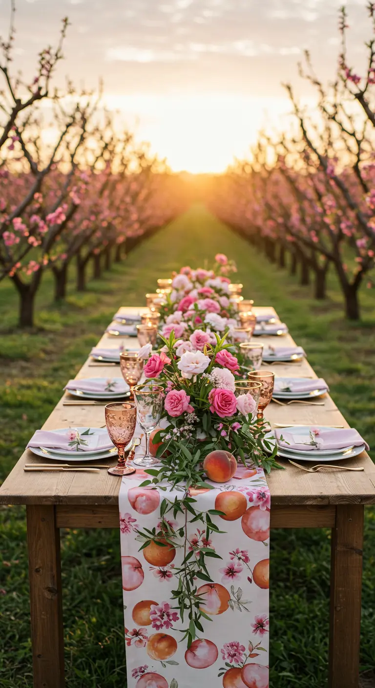 A long table in a peach orchard at sunset with a centerpiece of pink roses and fresh peaches.