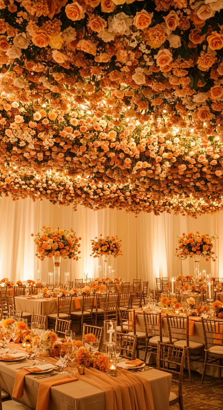 A stunning ceiling covered in a mix of peach, coral, and cream roses with twinkling lights.