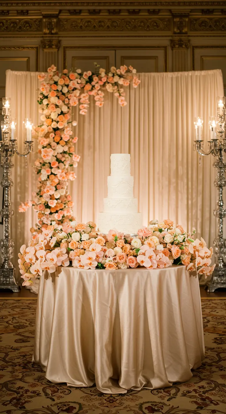 Ornate wedding cake table with a massive peach floral arch and tall silver candelabras.