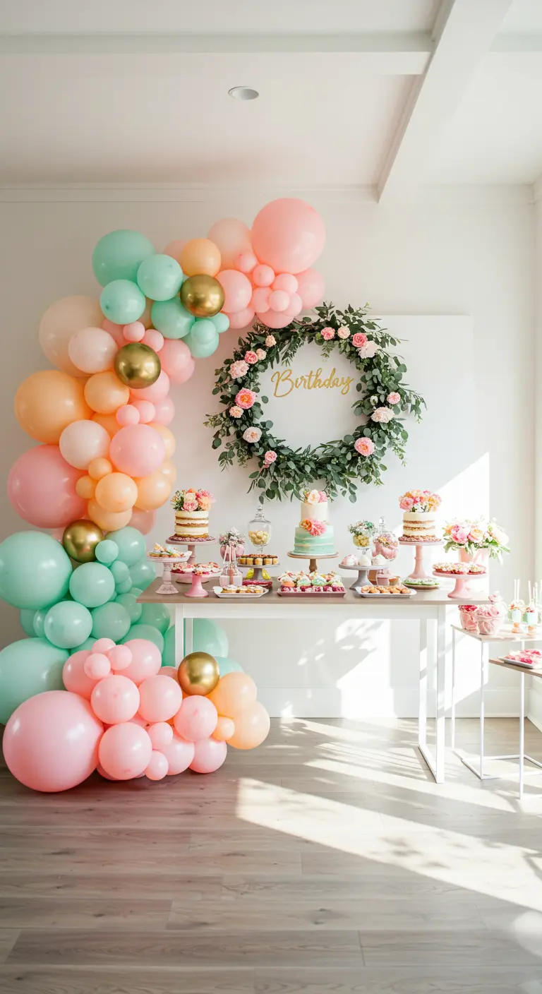 Pastel peach and mint balloon garland framing a floral wreath over a dessert table.