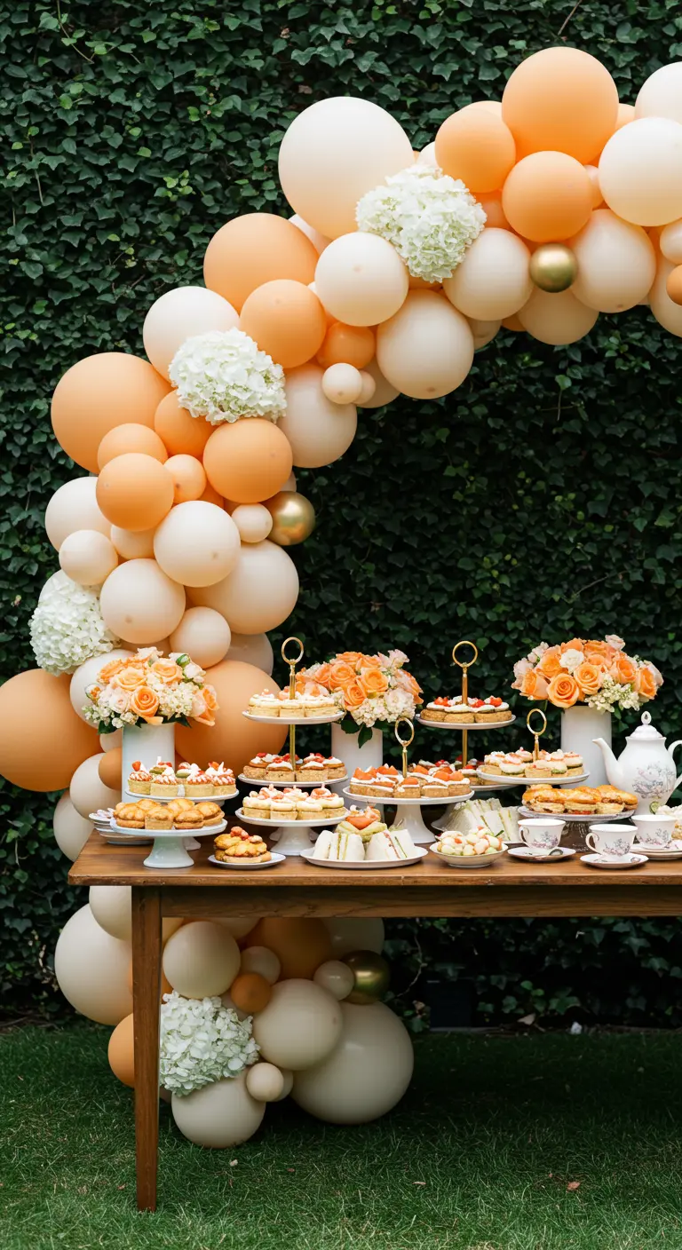 Dessert table with a peach and cream balloon arch against an ivy wall.