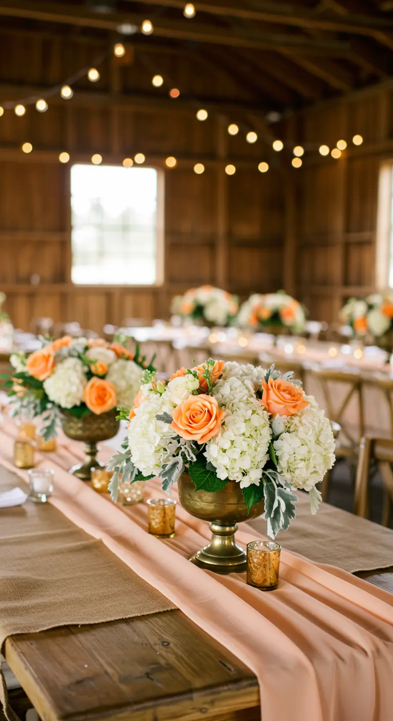 Peach roses and white hydrangeas in a brass urn on a layered runner.