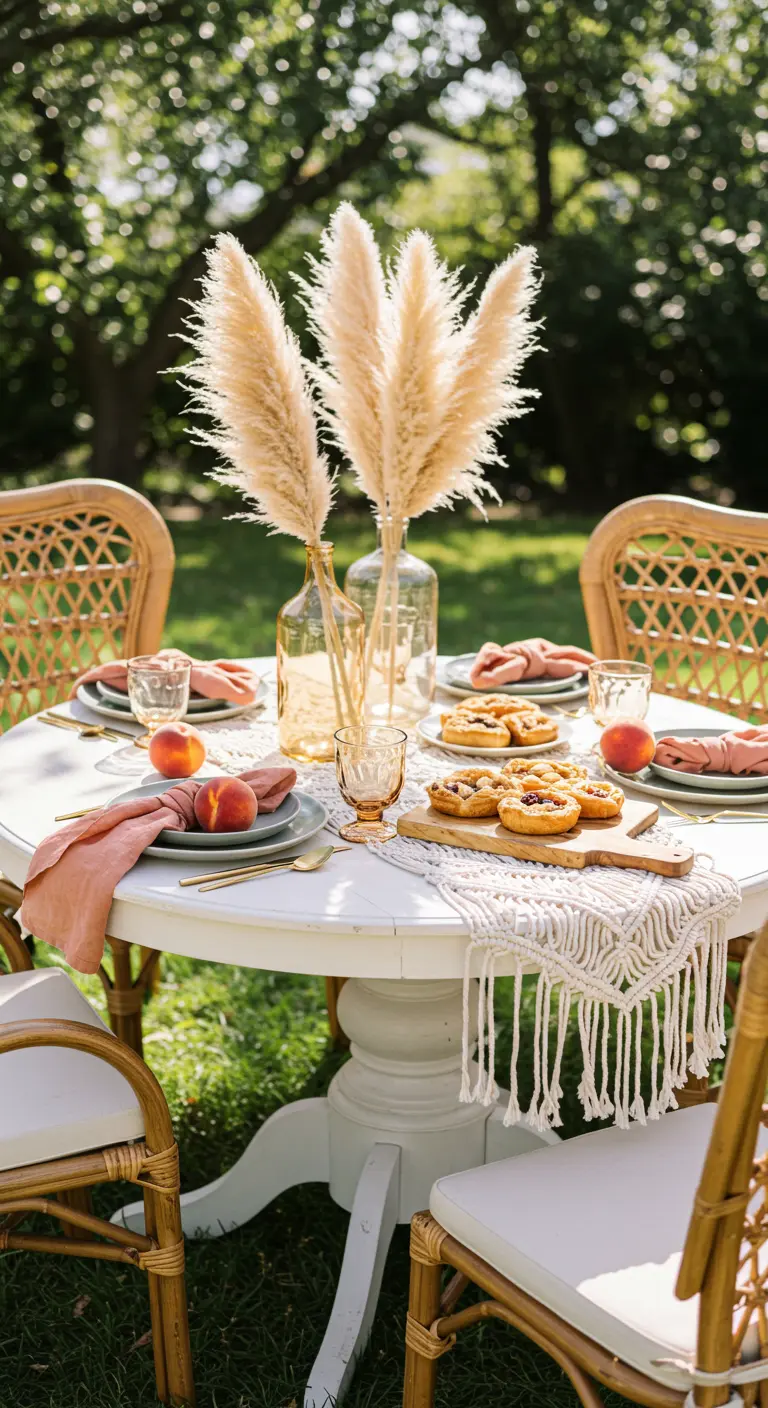 Chic garden party table with pampas grass, rattan chairs, and dusty rose napkins.