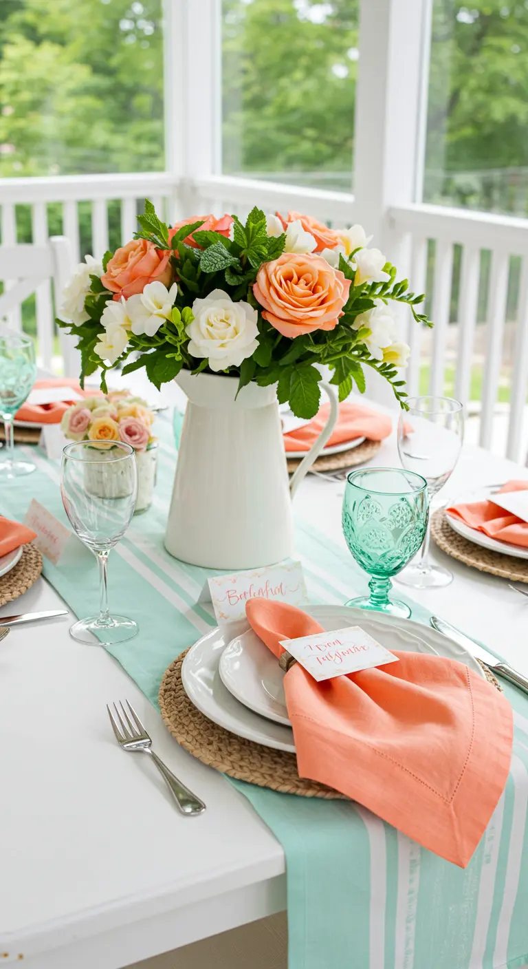 A bright table setting with a mint striped runner, coral napkins, and a pitcher of roses.