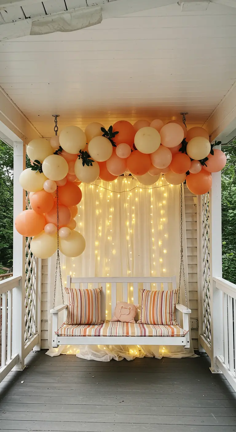 A peach and cream balloon garland hanging over a white porch swing with striped cushions.