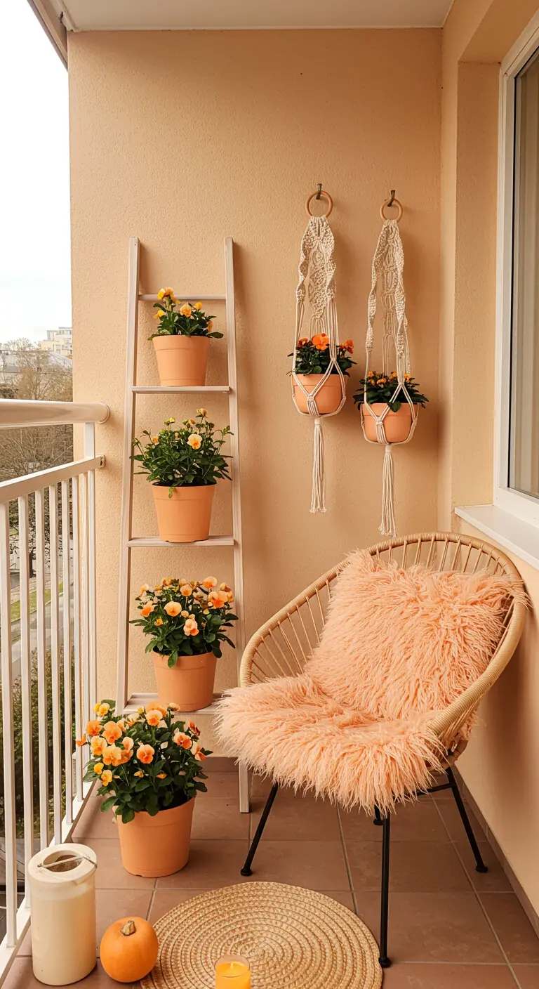 A peachy-toned balcony with a plant ladder and a rattan chair.