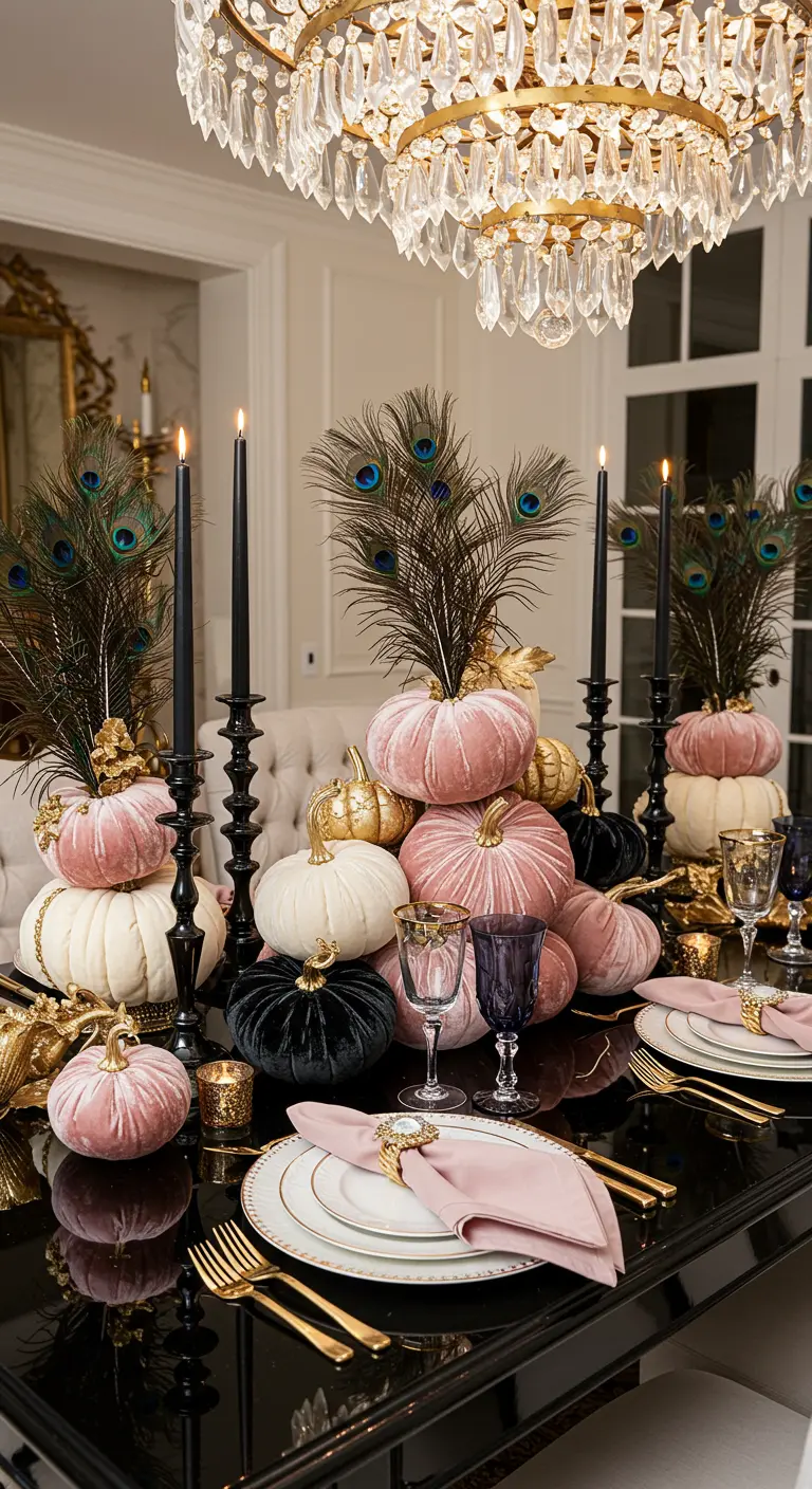Glam Halloween table with pink, black, and white velvet pumpkins adorned with peacock feathers.