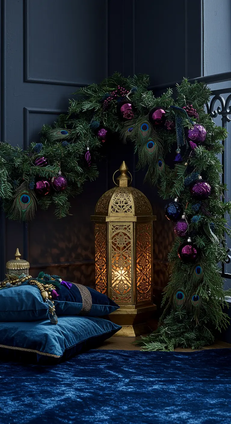 A luxurious corner with deep blue velvet cushions, a gold lantern, and a garland with peacock feathers.