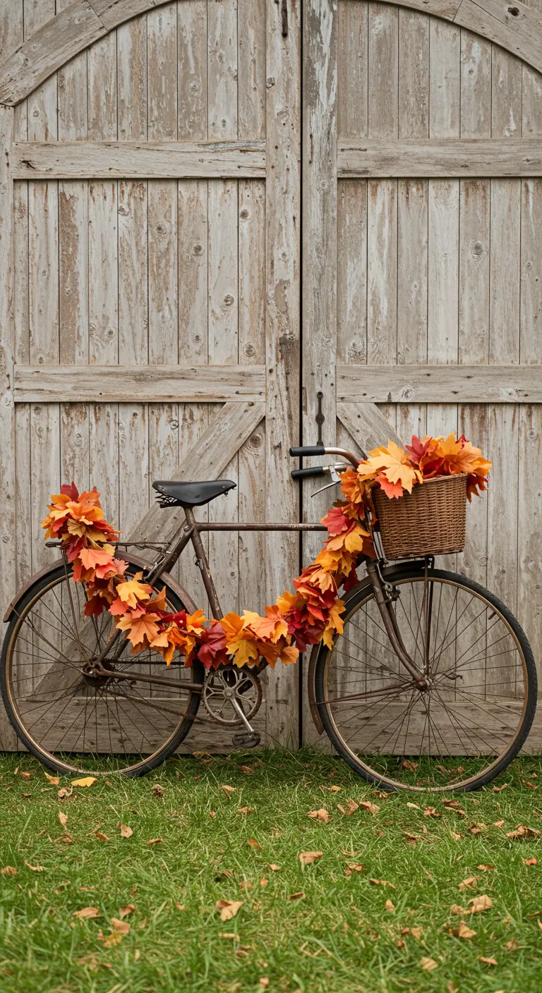 A vintage bicycle decorated with a thick garland of crepe paper autumn leaves.