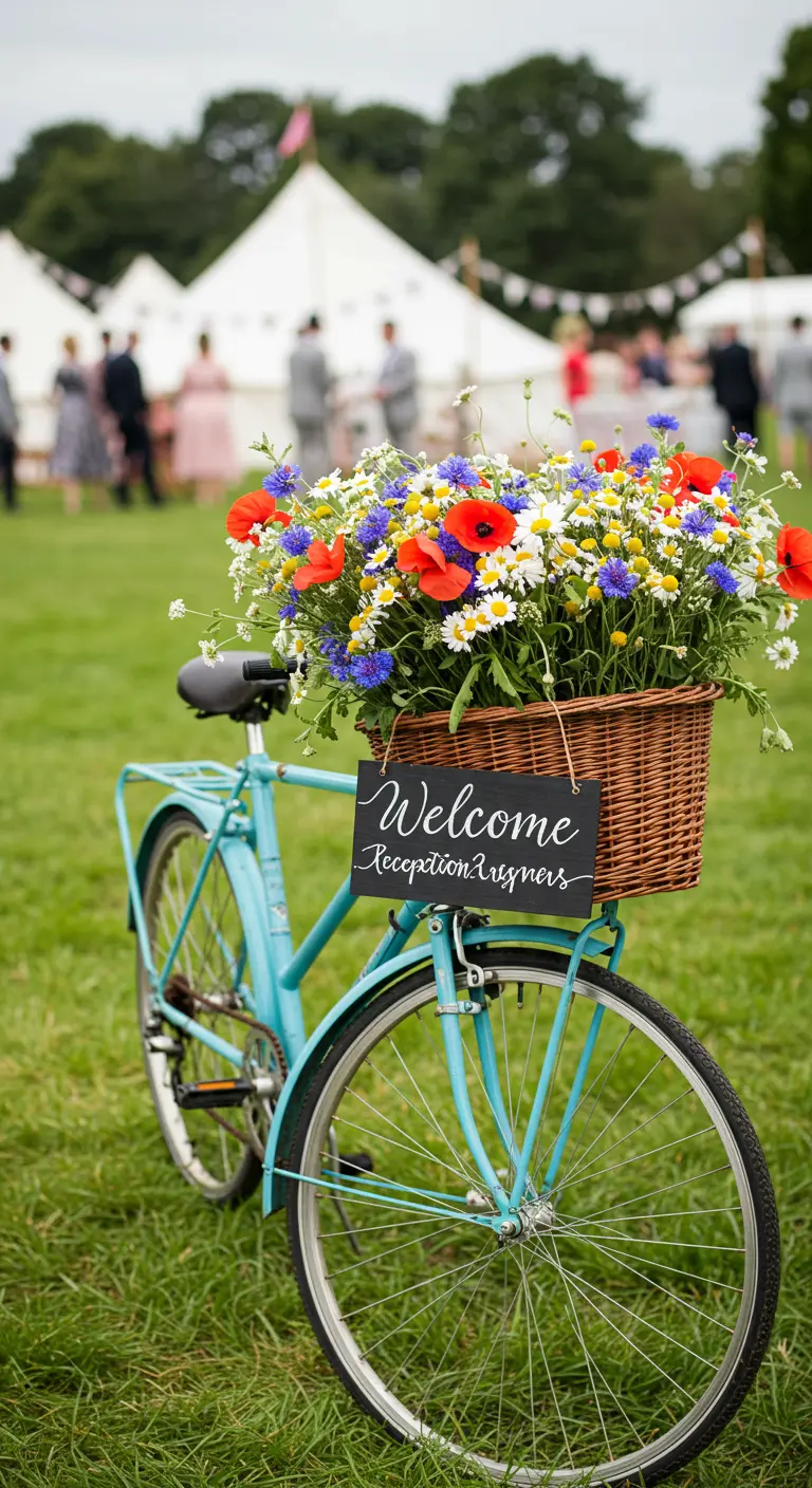A vintage blue bicycle with a basket full of colorful wildflowers as a welcome sign.