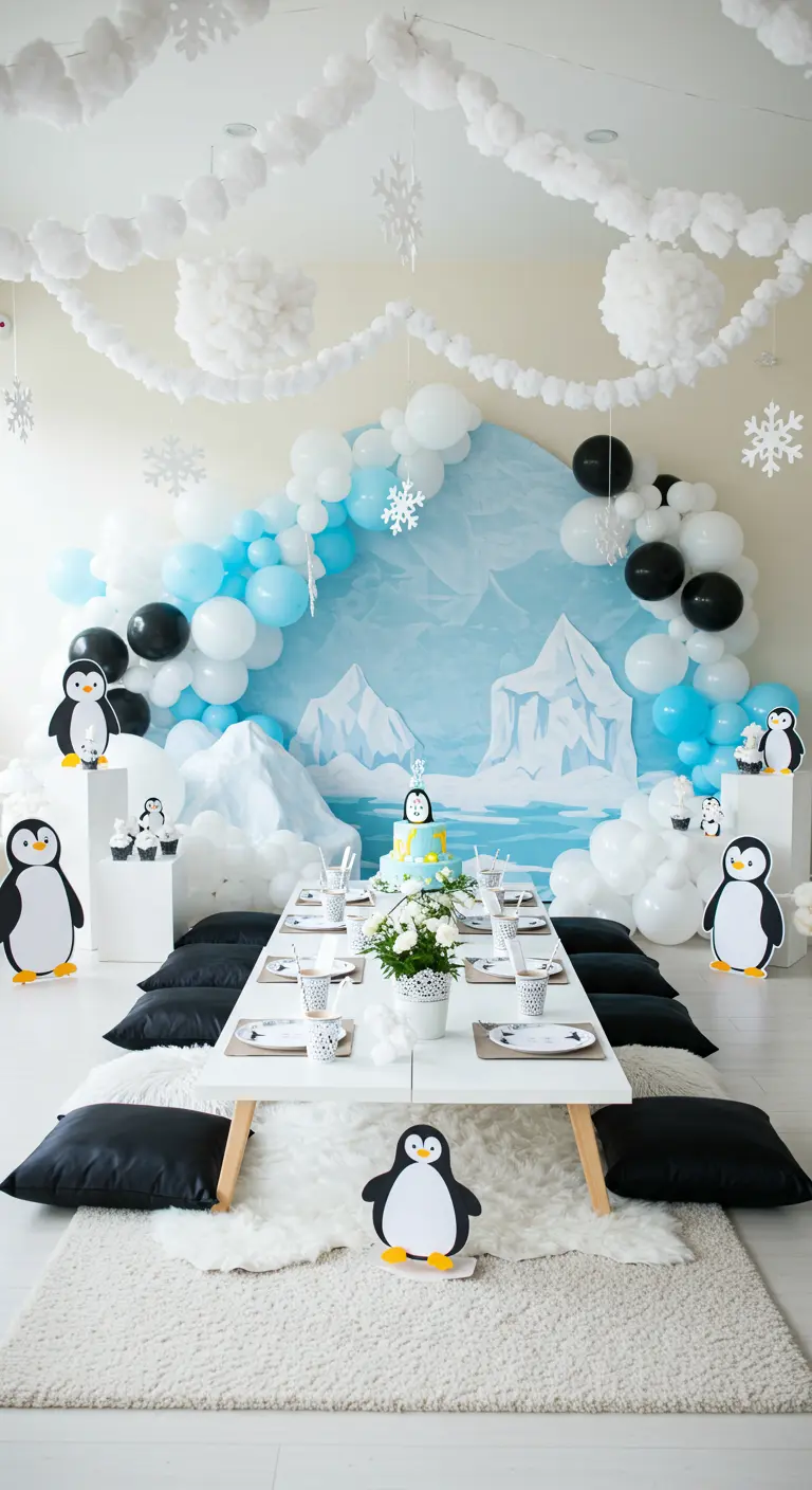 Kids' penguin party with low table, floor cushions, and a penguin-themed balloon arch.