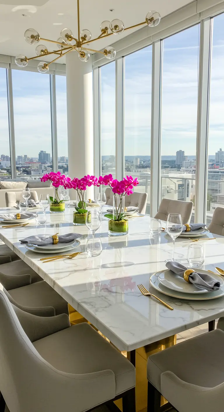 Modern dining room with marble table, grey chairs, and bright pink orchid centerpieces.