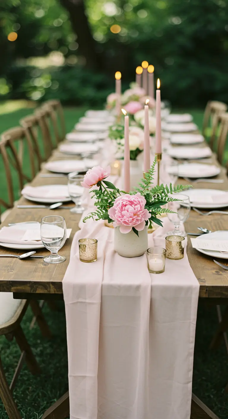 Close-up of a table runner with a simple vase of pink peonies and tall pink candles.