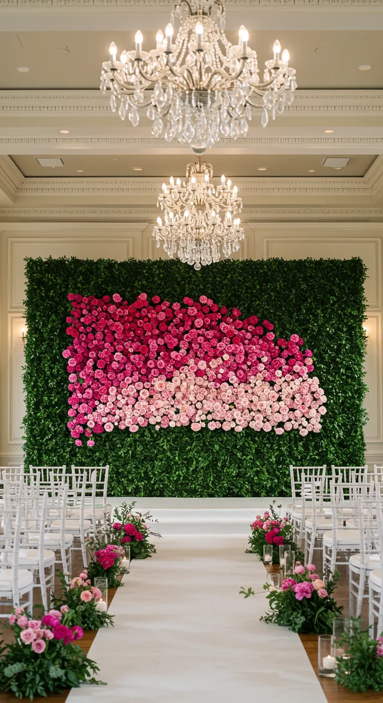 A green hedge wall decorated with an ombre pattern of pink peonies.