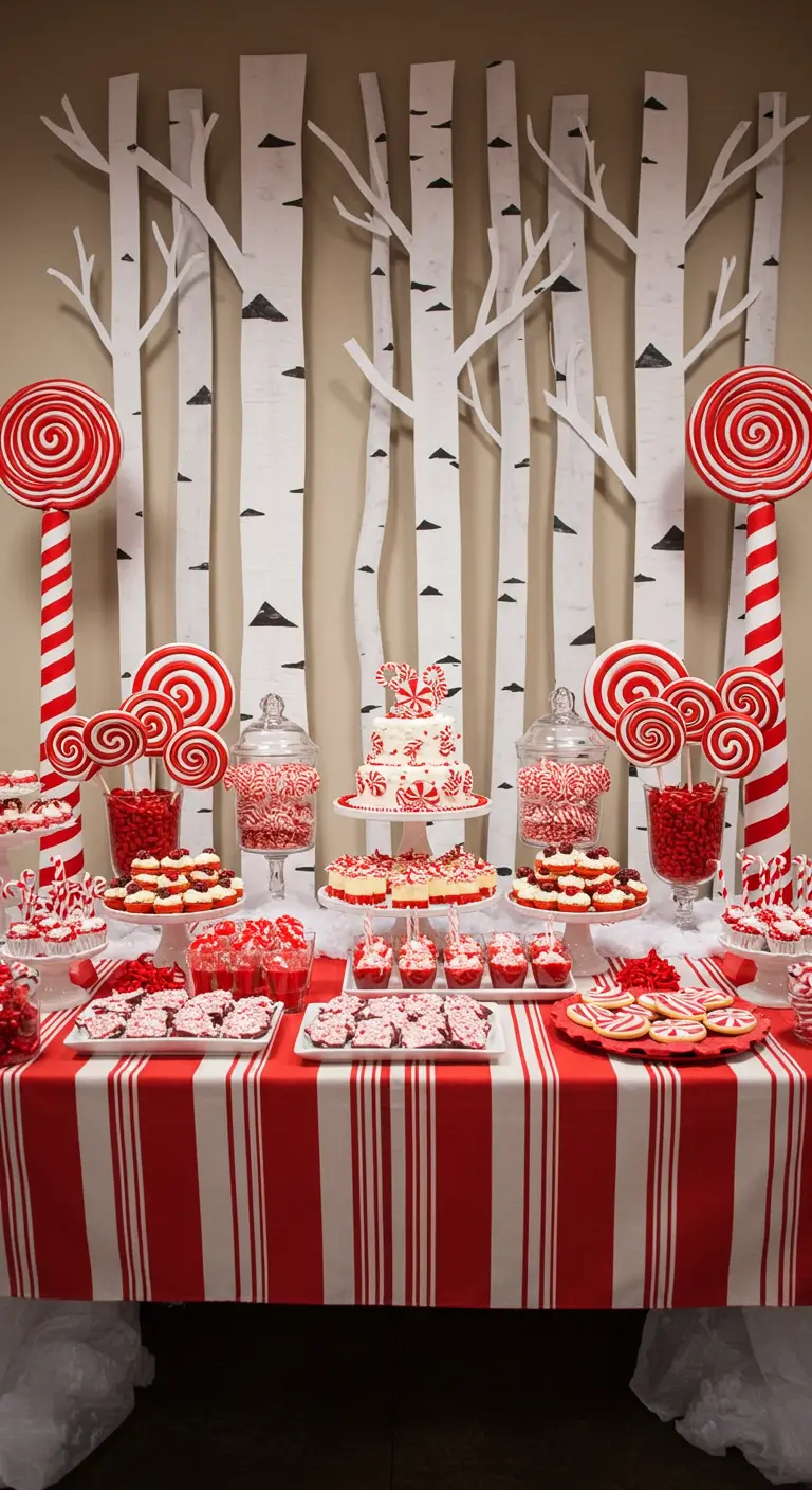 Red and white peppermint candy themed table with a birch tree backdrop.