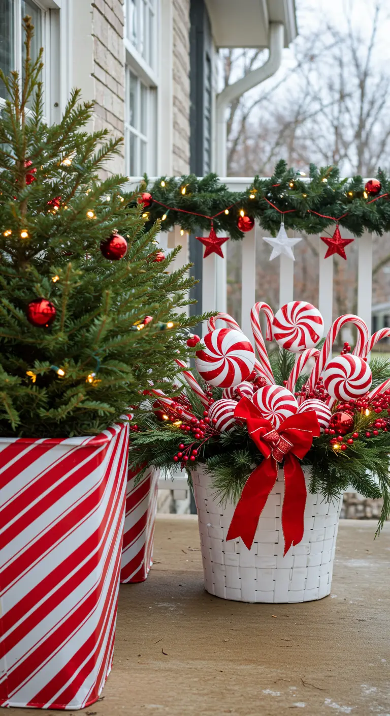 Planters wrapped in red-and-white striped paper next to a basket filled with candy cane ornaments.