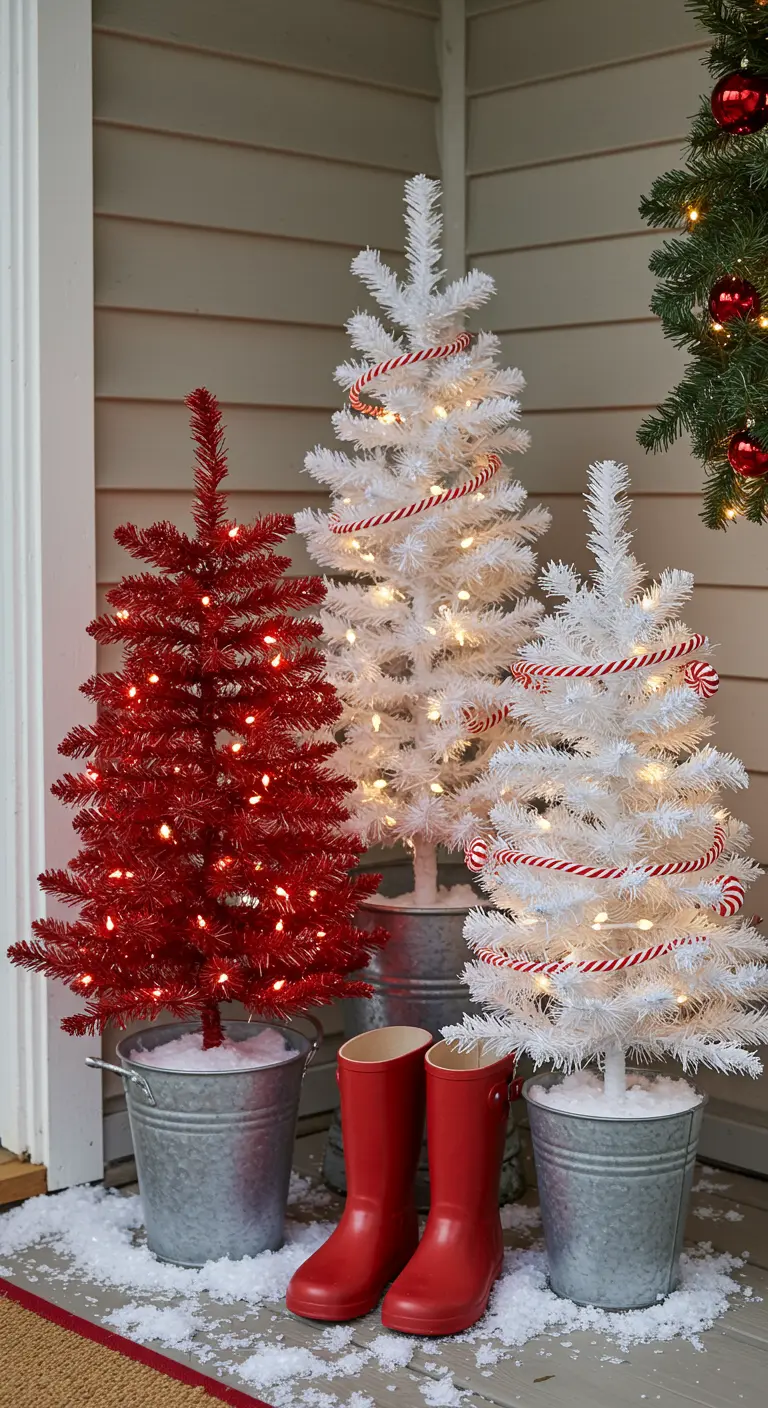 One red and two white mini trees in pails, with red boots and faux snow.
