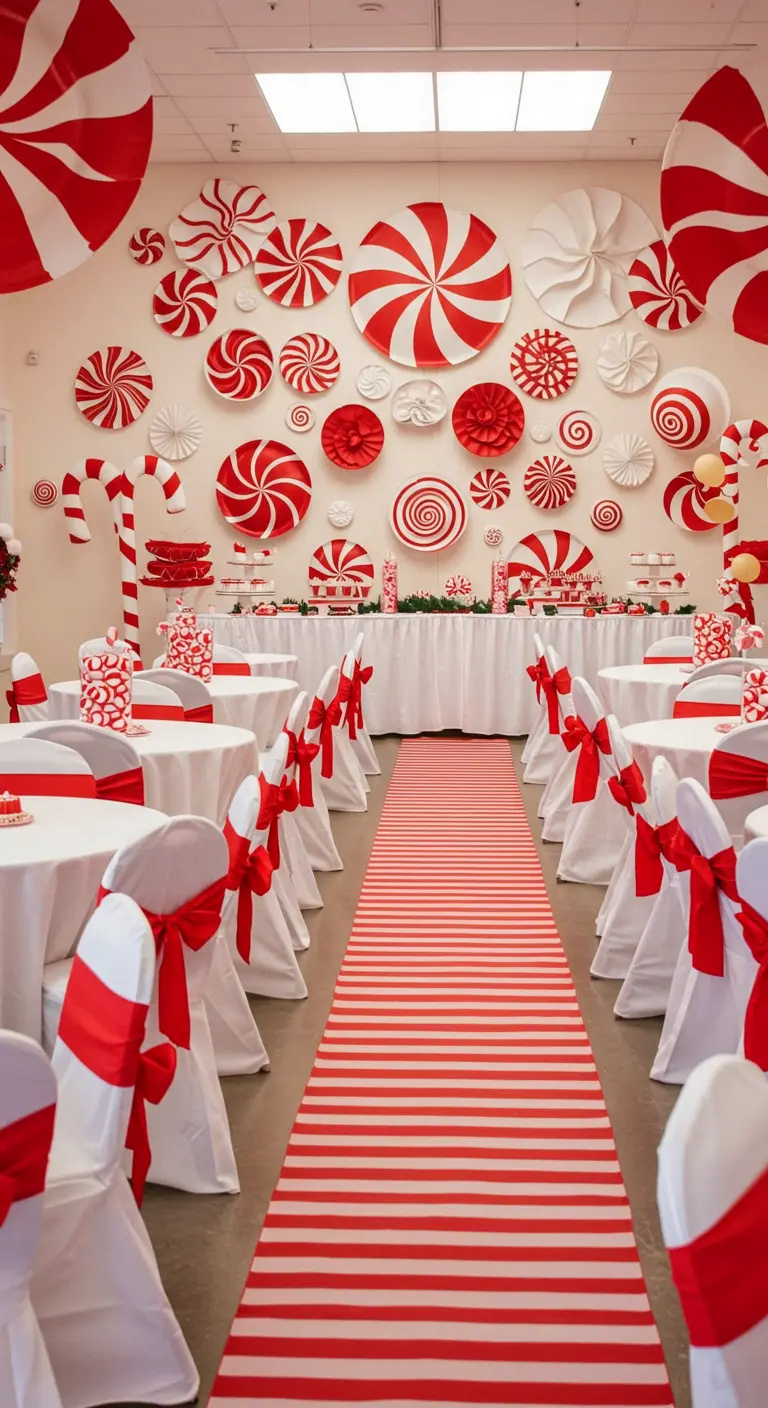 A wall covered in giant red and white paper peppermint candy decorations.