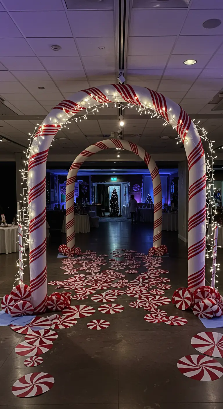 Two large candy cane arches with white lights creating a party entrance.
