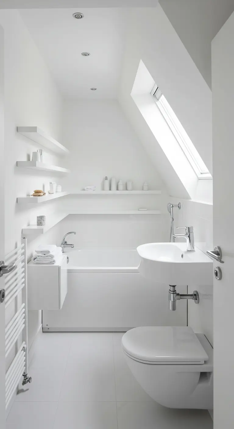 All-white minimalist attic bathroom with floating shelves and a wall-mounted sink.