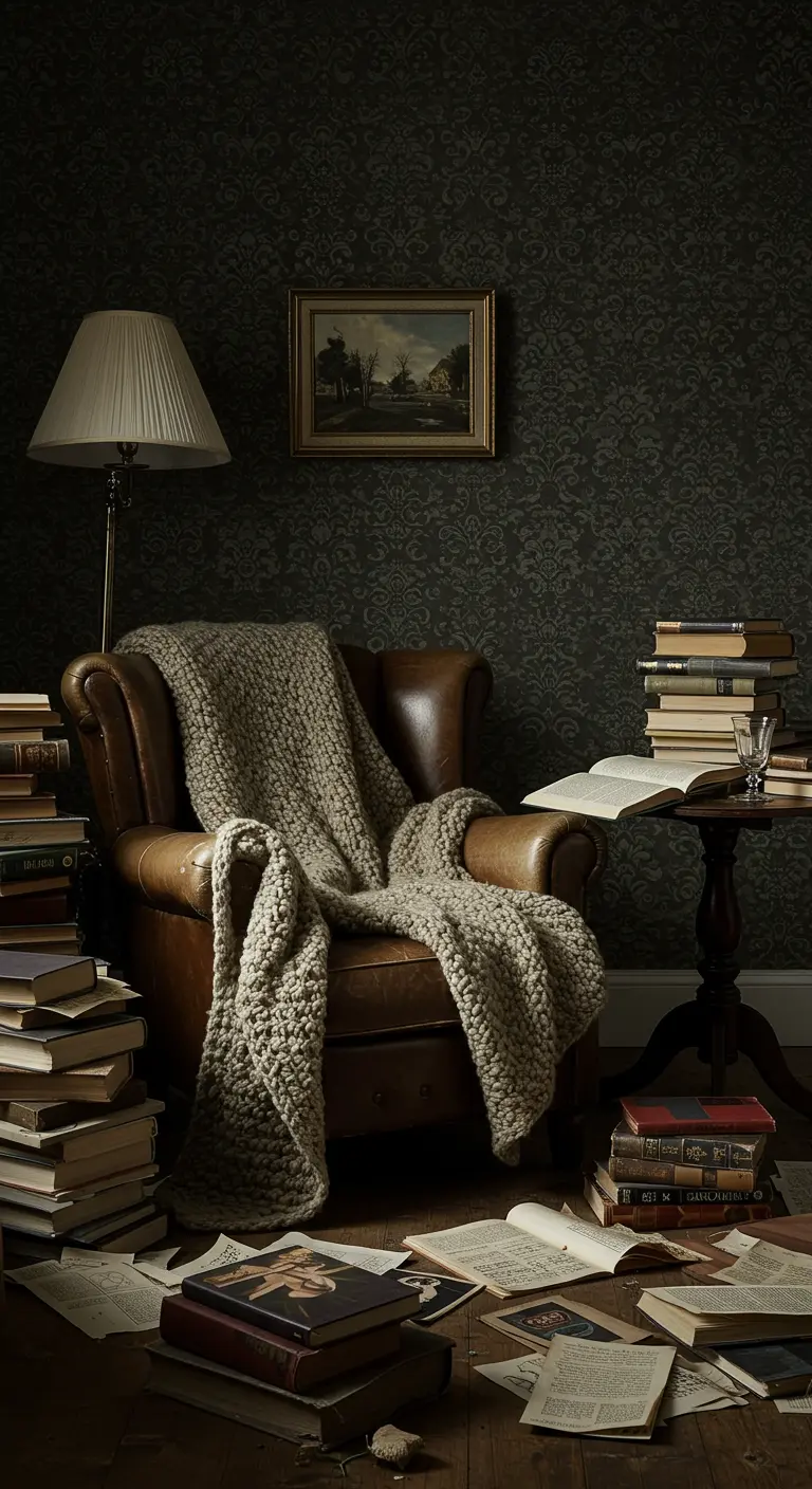 A leather armchair covered in a knit throw, surrounded by stacks of books on the floor.