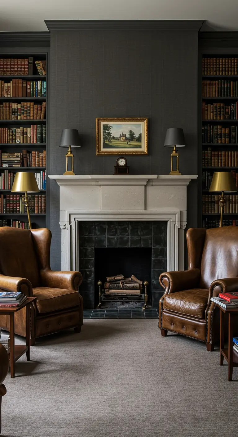 Two brown leather wingback chairs face each other across a fireplace in a grey library.