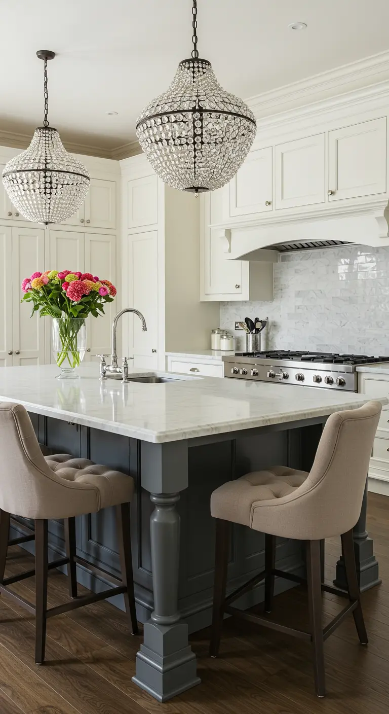A kitchen with a grey island featuring turned legs and beige tufted velvet stools.