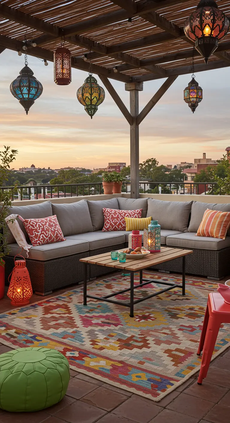 Rooftop pergola with a large sectional sofa, colorful kilim rug, and hanging Moroccan lanterns.