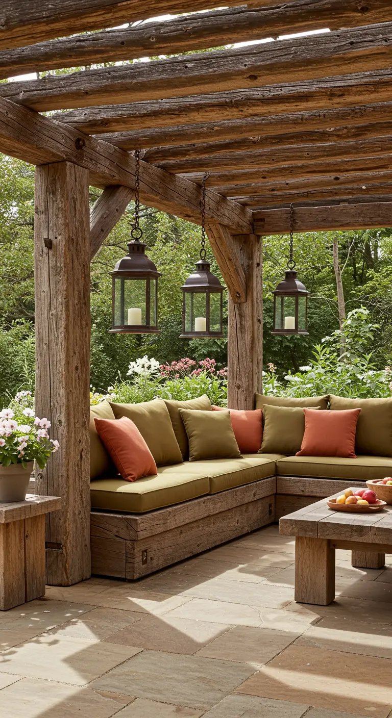 Rustic wooden pergola with built-in seating, olive and rust cushions, and hanging lanterns.