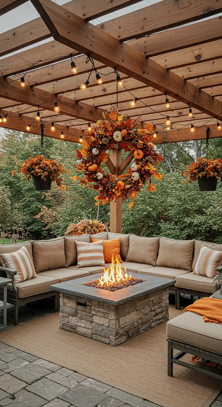 A patio under a pergola with a fire pit, sectional sofa, and a large wreath and hanging baskets.