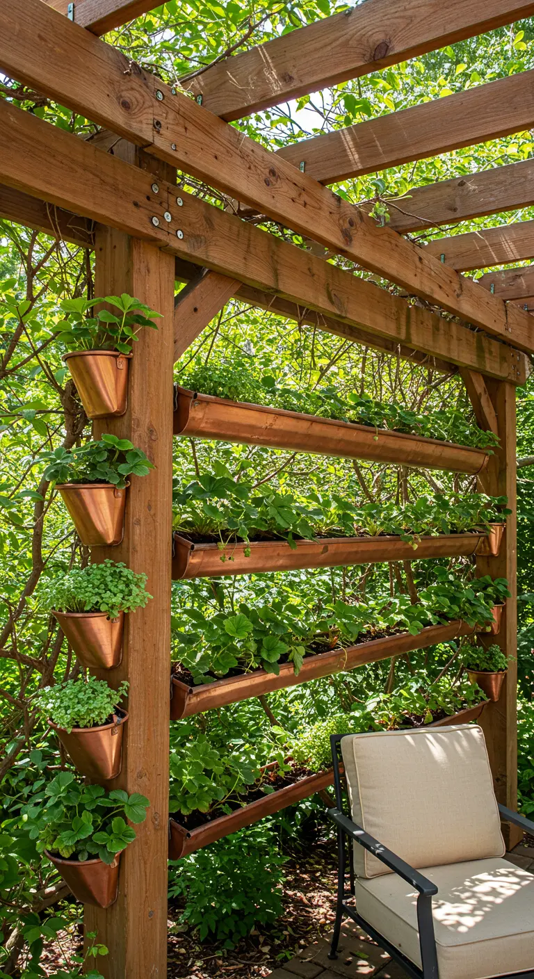 Copper gutters and pots with plants attached to a wooden pergola structure