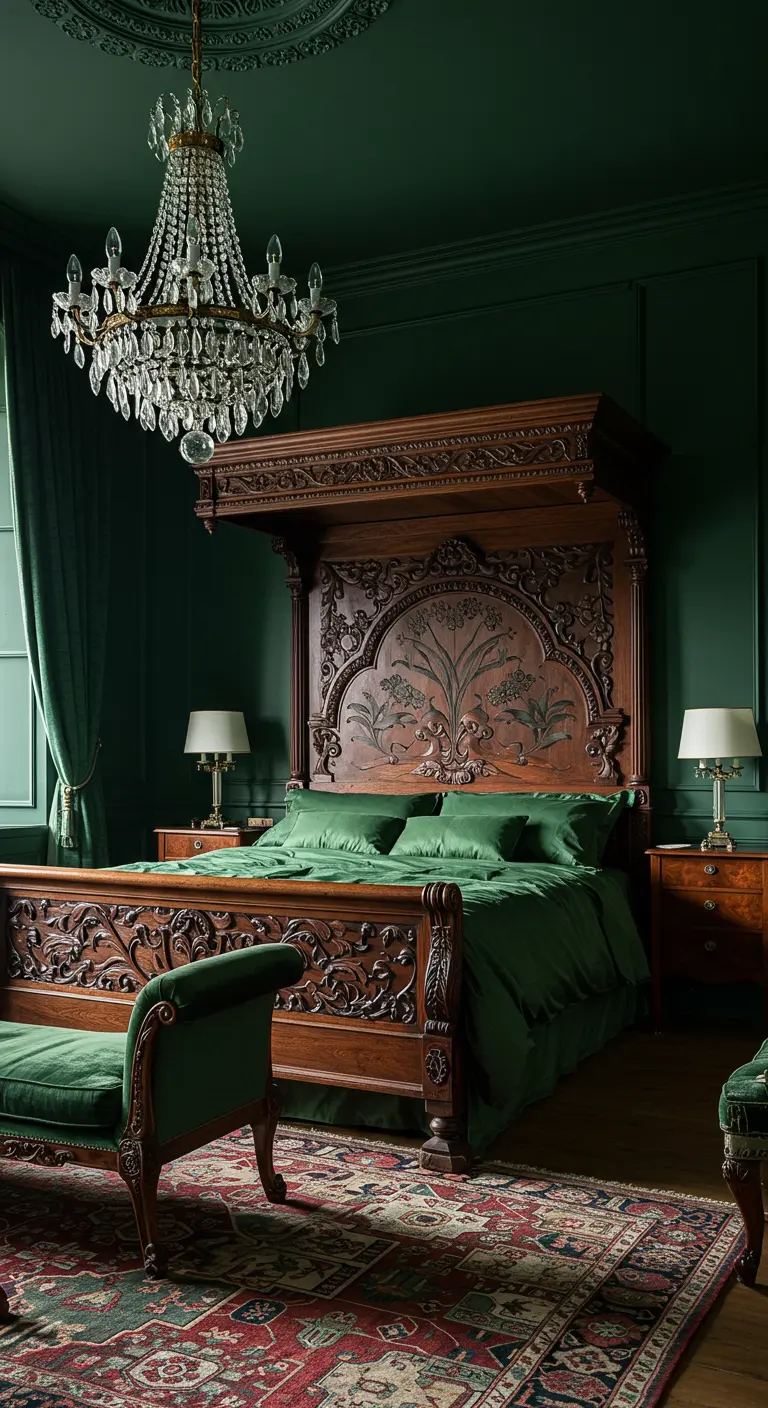 Traditional bedroom with dark green walls and an ornate carved wood bed.