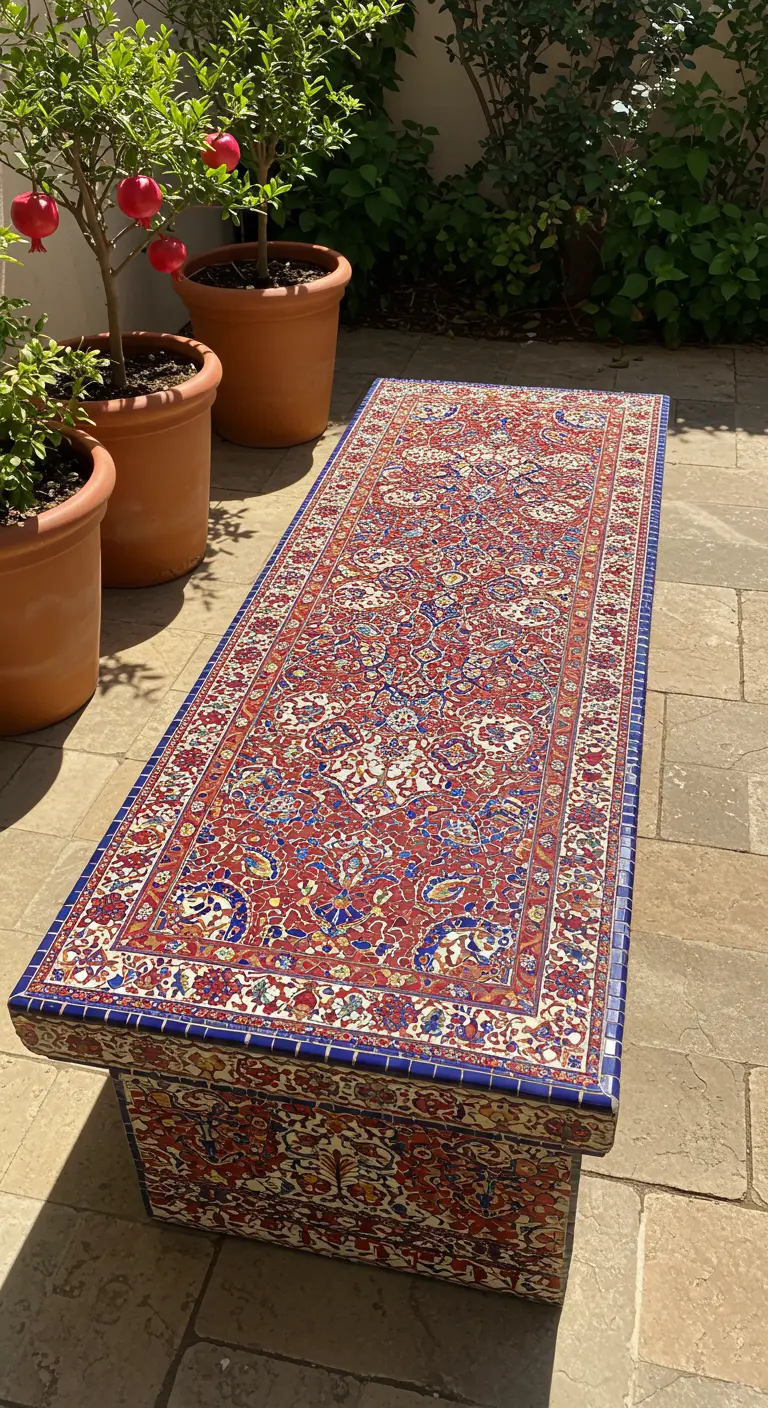 A long concrete bench entirely covered in an intricate red and blue mosaic that mimics a Persian rug.