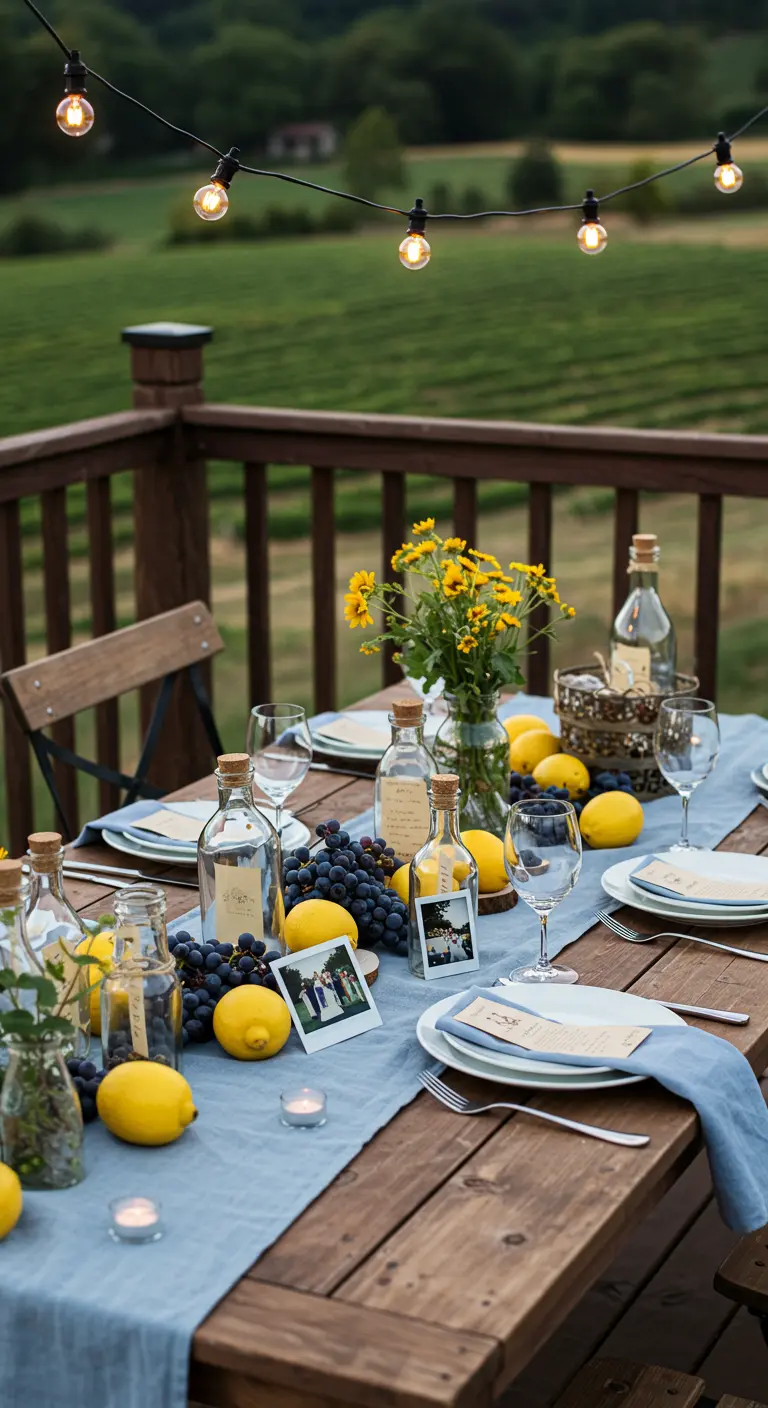 A rustic table setting with place cards made from photos tucked into small glass bottles.