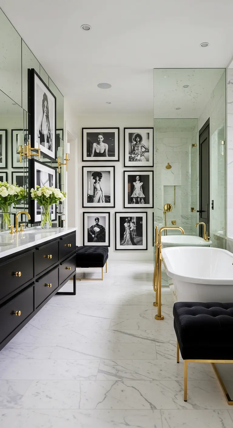 Long bathroom with a black and white photography gallery wall and black benches.