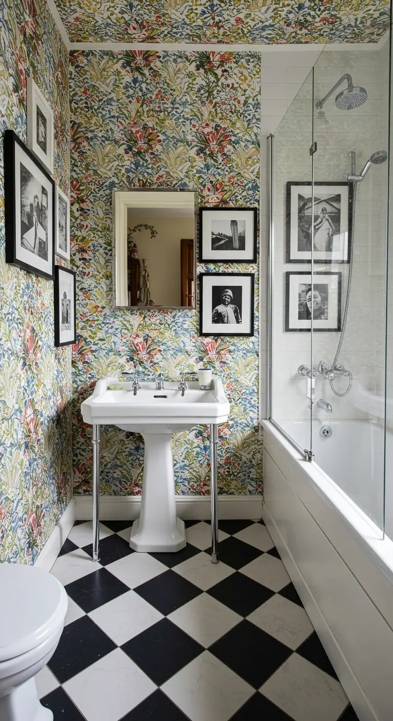 Bathroom with floral wallpaper and a gallery wall of black-and-white photos.